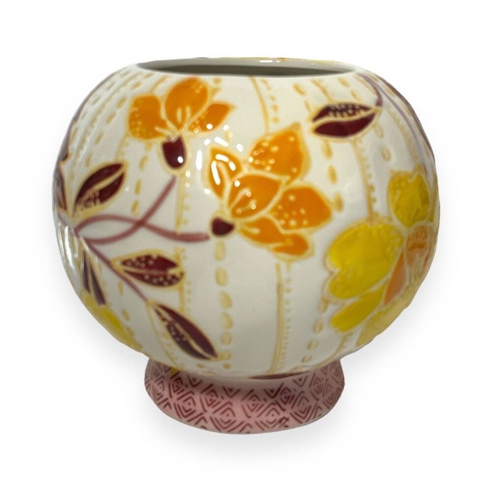 Anthropologie Zahara Orange Pink Embossed Floral 5X5.5" Round Stoneware Vase